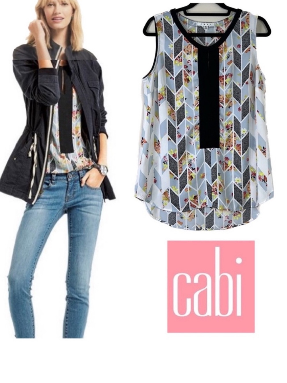 Cabi Grosgrain floral sleeveless blouse and rectangle geometrical shaped pattern